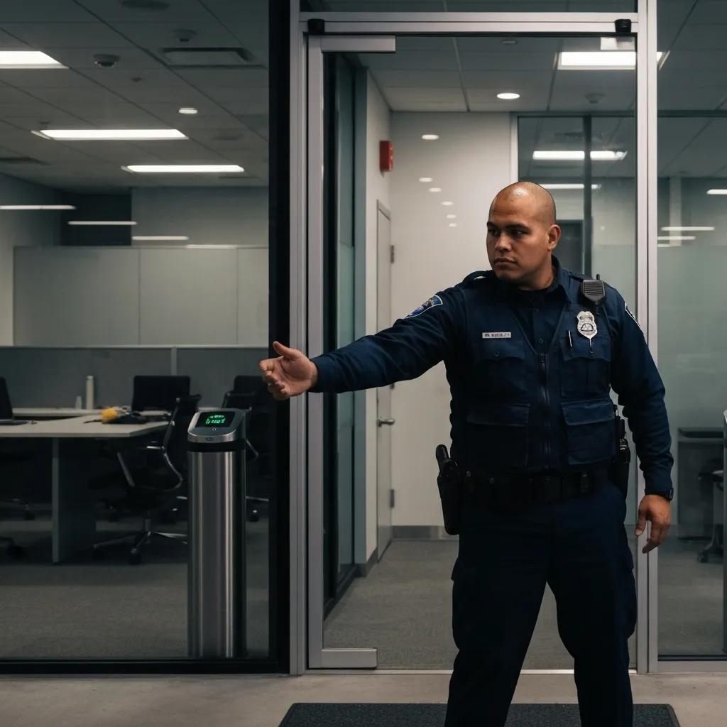 Security guard conducting a perimeter check at a corporate office, showcasing professionalism and security features Security guard conducting a perimeter check at a corporate office, showcasing professionalism and security features
