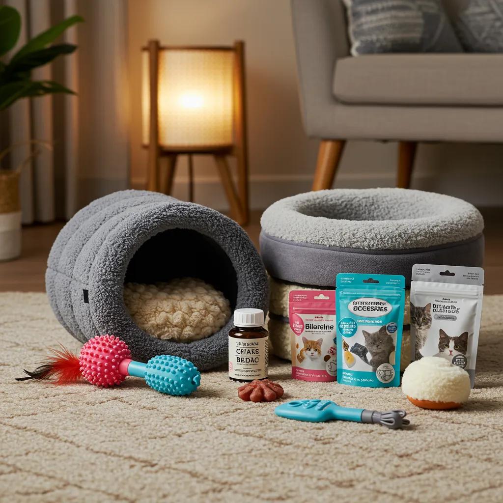 A cozy collection of cat accessories, including engaging toys, a comfortable bed, and essential health products, arranged in a home setting.