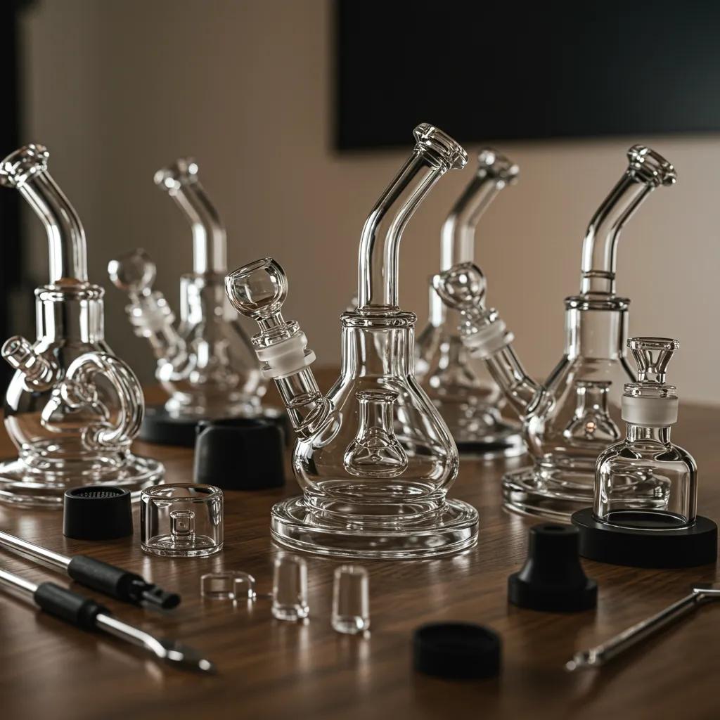A selection of dab rigs featuring quartz bangers, carb caps, and dab tools, clearly illustrating their distinction from traditional bongs.
