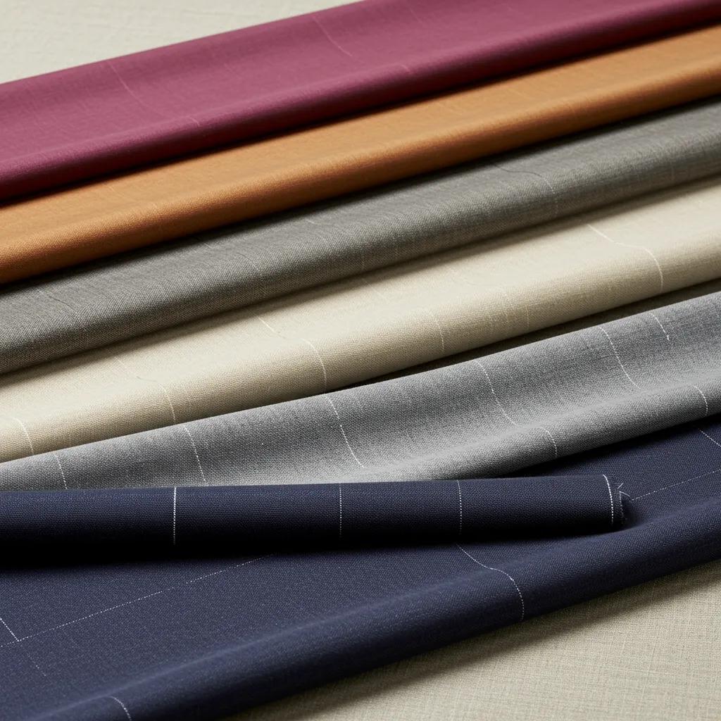 Selection of high-quality fabrics for tailoring including silk, linen, cotton, and wool Selection of high-quality fabrics for tailoring including silk, linen, cotton, and wool