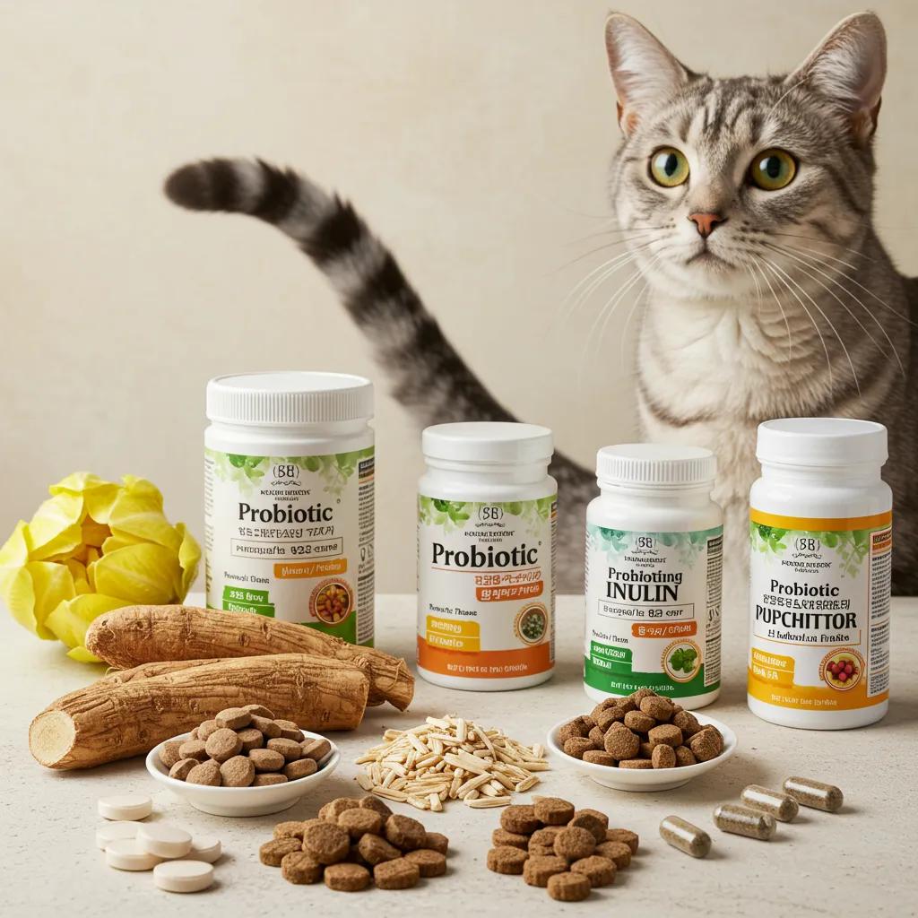 Selection of probiotic and prebiotic ingredients beneficial for cats including chicory root and inulin
