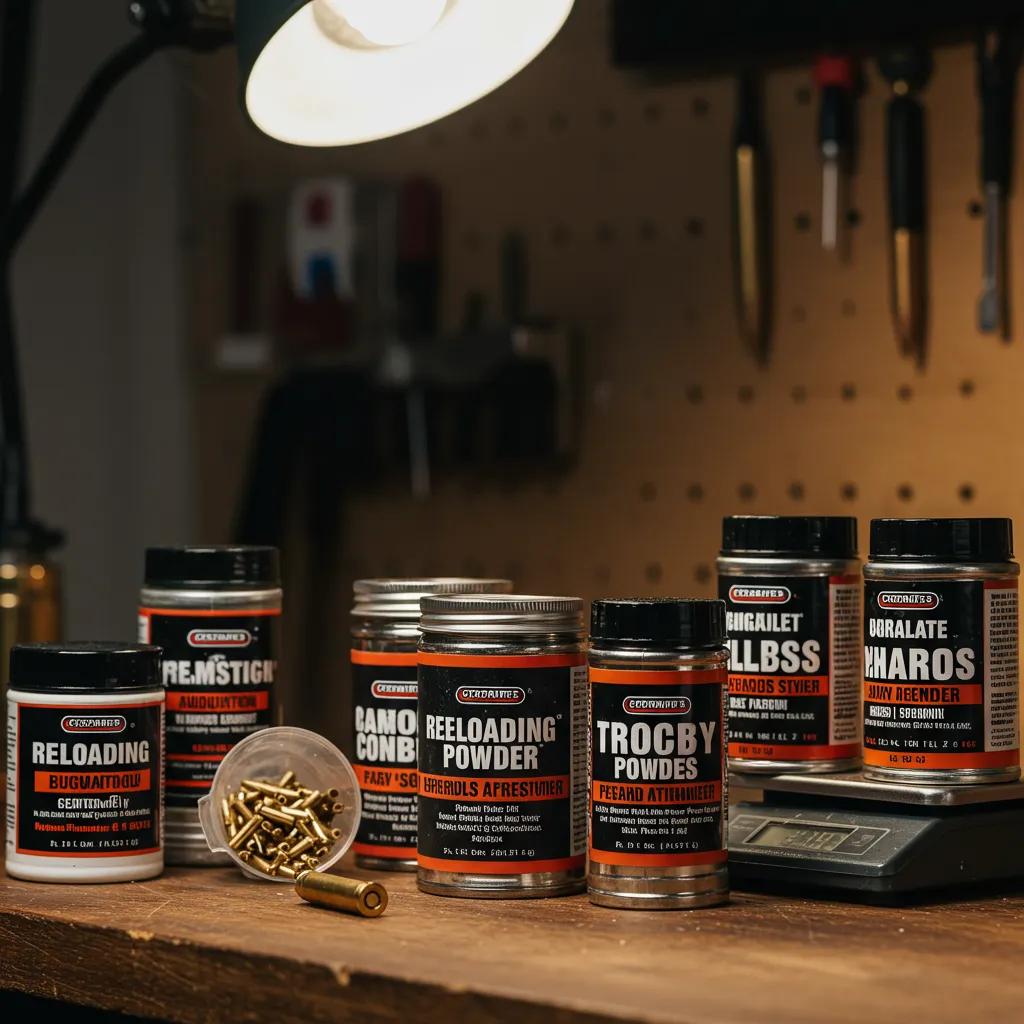 A selection of the finest reloading powders for 7.62x39 ammunition, displayed on a well-equipped workbench