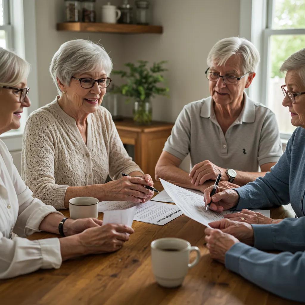 Seniors discussing Medicare options at a kitchen table, emphasizing community and support