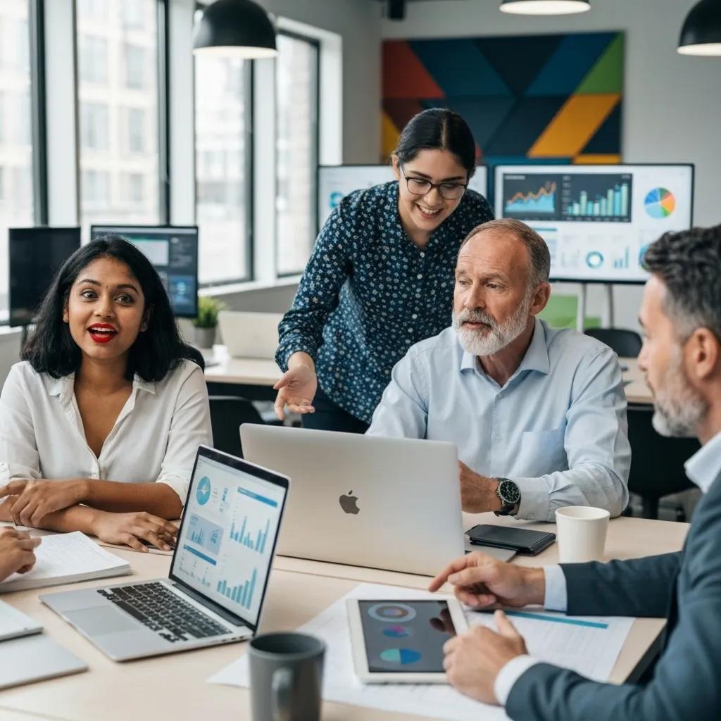 A team of SEO specialists collaborating in a modern office, highlighting local digital marketing expertise
