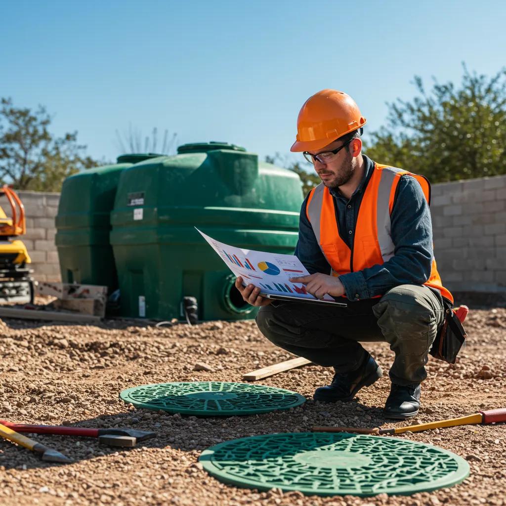 Septic contractor reviewing SEO metrics on a laptop at a construction site