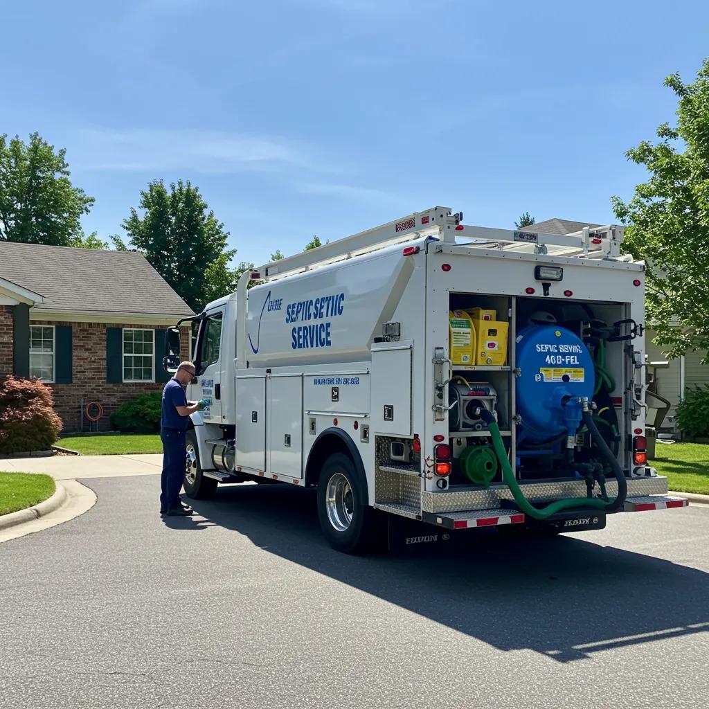 Septic service truck in suburban driveway ready for home service
