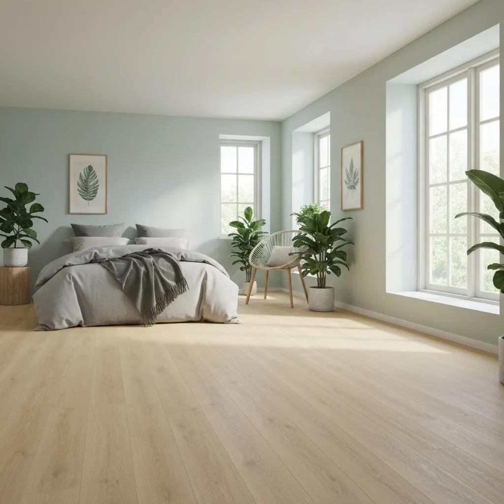 Peaceful bedroom featuring light oak flooring, demonstrating the calming influence of light flooring on mood.