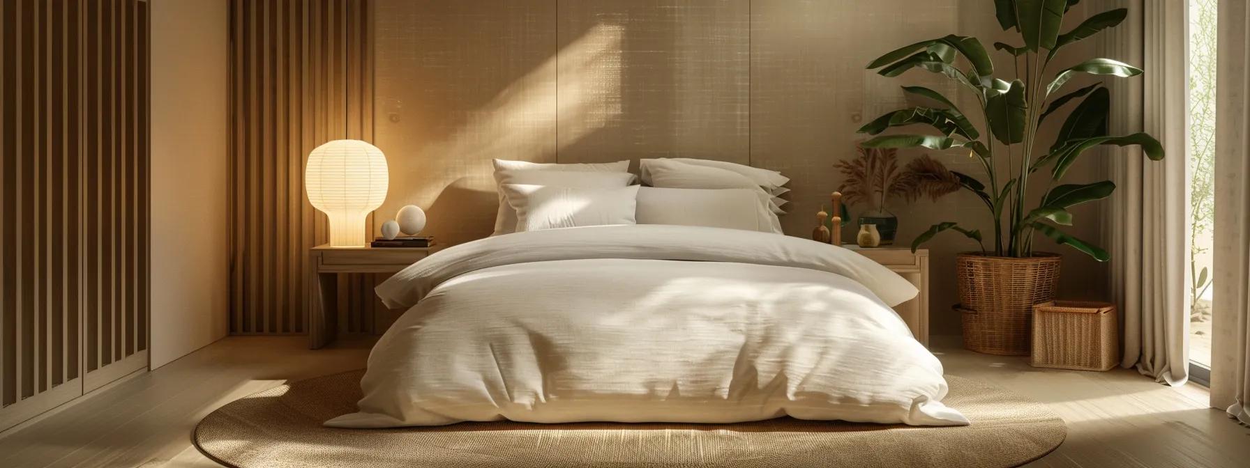 a serene, modern bedroom setting showcases adorearth™ bamboo quilt covers in soft earthy tones, emphasising a sustainable lifestyle with warm lighting that highlights the eco-friendly materials and elegant minimalist décor. a serene, modern bedroom setting showcases adorearth™ bamboo quilt covers in soft earthy tones, emphasising a sustainable lifestyle with warm lighting that highlights the eco-friendly materials and elegant minimalist décor.
