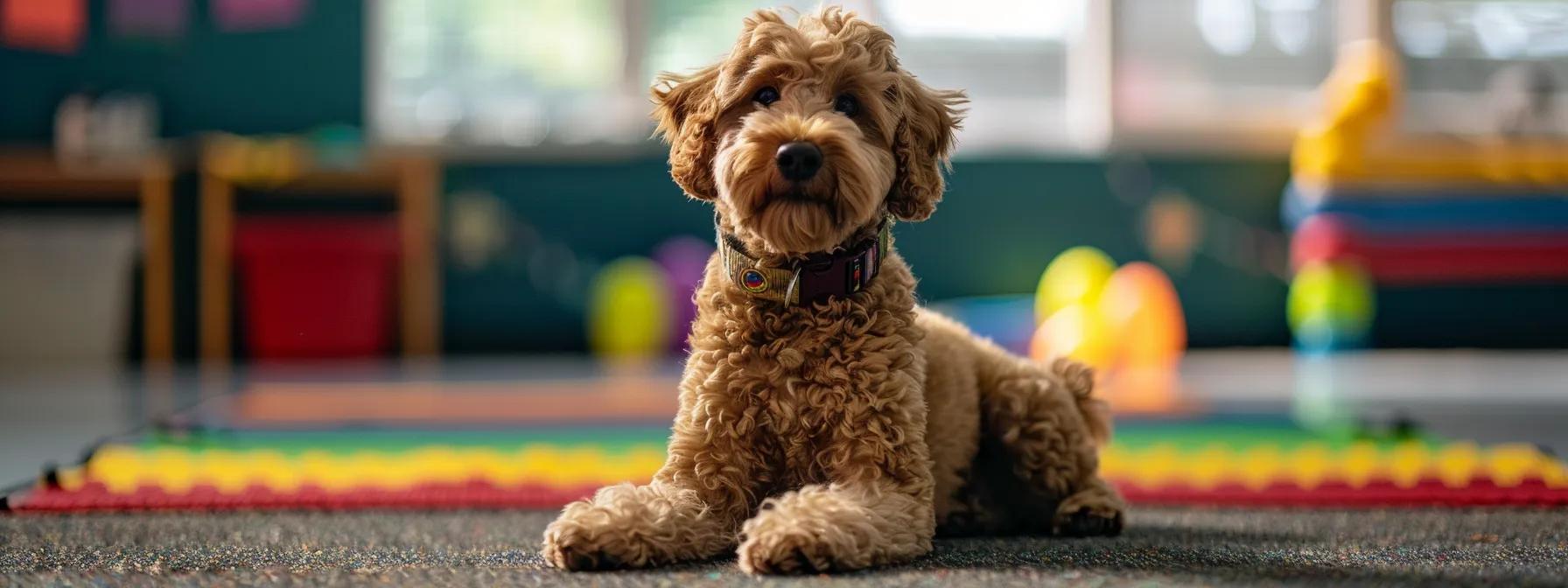 a well-organized indoor training session showcases a doodle dog displaying focused attention while eagerly responding to commands from an attentive trainer, surrounded by colorful training tools and a motivational environment.