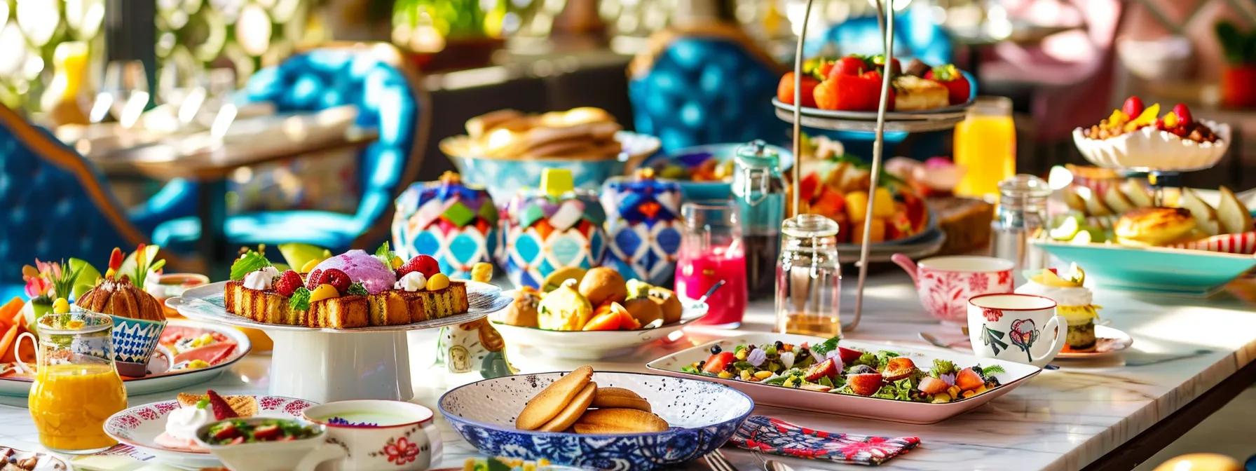 a vibrant brunch table is elegantly set in a stylish urban café, showcasing an array of colorful, family-friendly dishes artfully arranged on white porcelain plates, with cheerful decorations and soft ambient lighting creating an inviting atmosphere. a vibrant brunch table is elegantly set in a stylish urban café, showcasing an array of colorful, family-friendly dishes artfully arranged on white porcelain plates, with cheerful decorations and soft ambient lighting creating an inviting atmosphere.