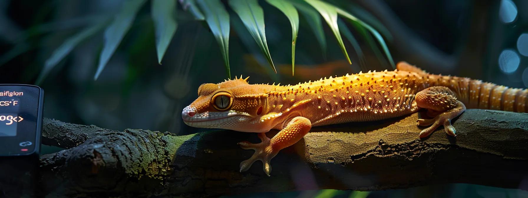 a sharply illuminated, modern reptile habitat showcases a crested gecko basking comfortably on a warm branch, surrounded by a precise digital thermostat display indicating a stable temperature of 75°f, emphasizing the importance of maintaining optimal conditions for the gecko's health. a sharply illuminated, modern reptile habitat showcases a crested gecko basking comfortably on a warm branch, surrounded by a precise digital thermostat display indicating a stable temperature of 75°f, emphasizing the importance of maintaining optimal conditions for the gecko's health.