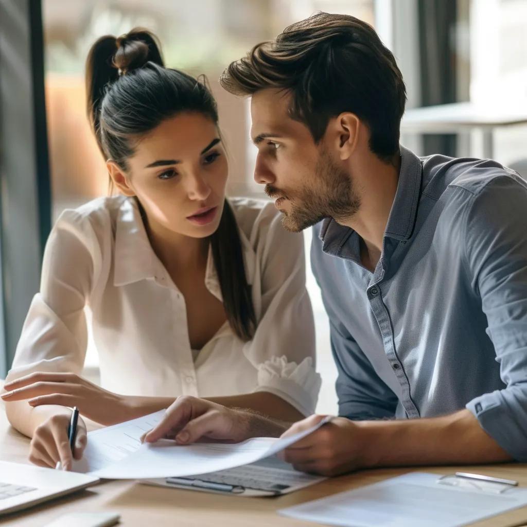Real estate agent explaining short sale options to a homeowner in an office Real estate agent explaining short sale options to a homeowner in an office