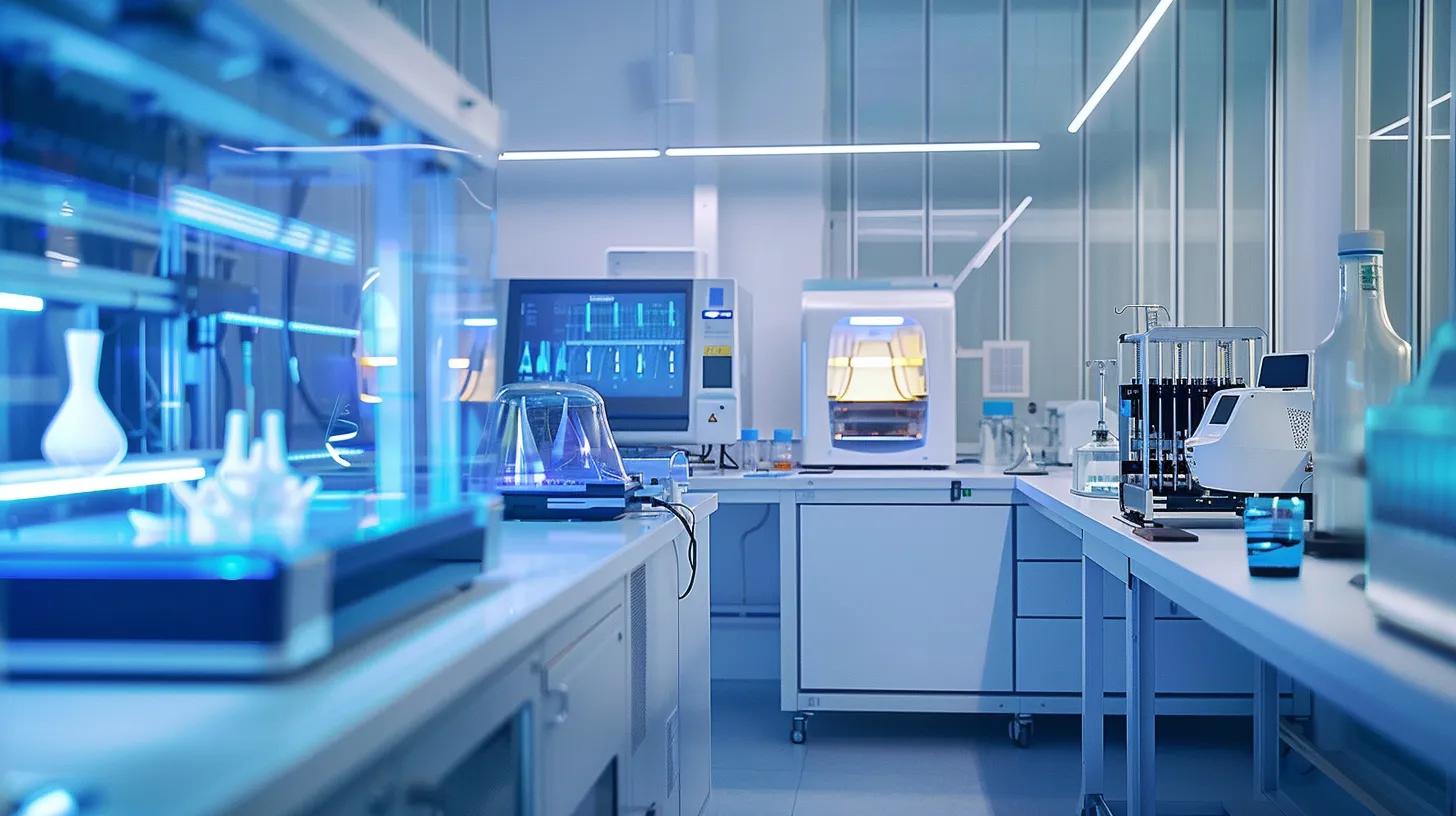 a sleek, modern medical laboratory showcases various 3d printers in action, with illuminated sla, sls, and dlp machines producing intricate models, surrounded by high-tech instruments and digital displays emphasizing the advanced applications of 3d printing in medicine.