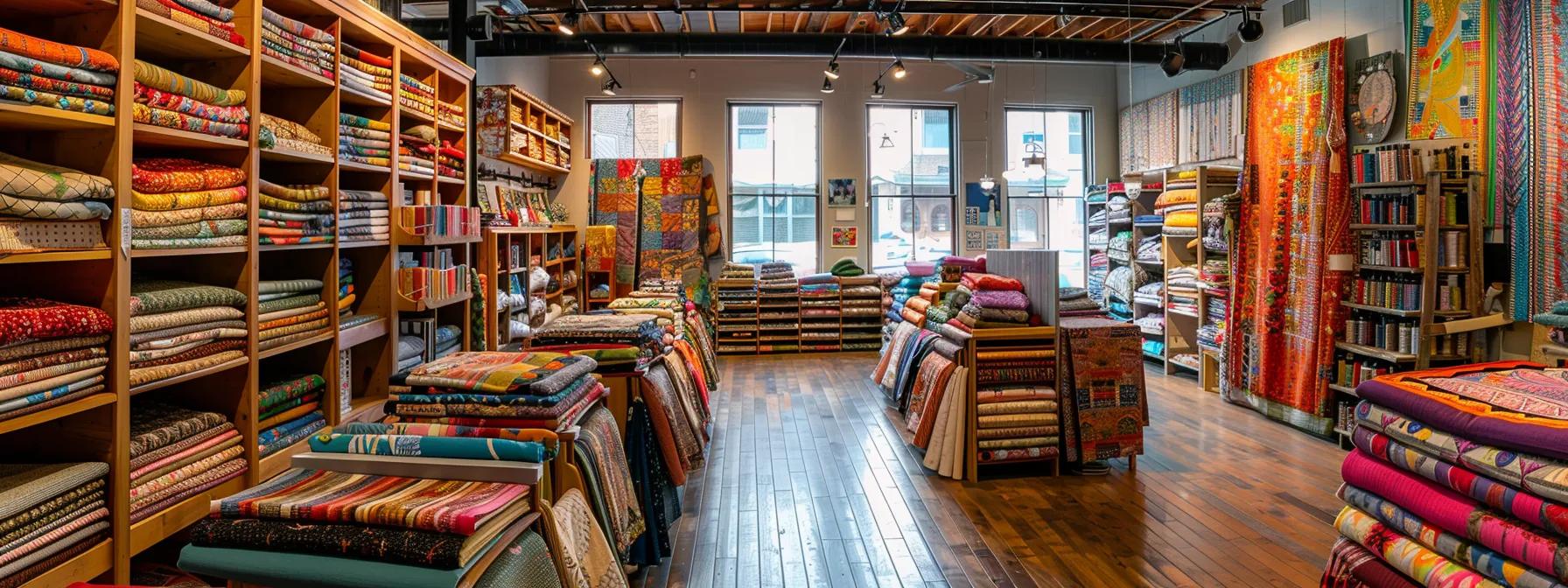 a vibrant quilt shop interior showcases neatly arranged shelves filled with colorful fabrics and essential quilting supplies, illuminated by warm overhead lights, inviting creativity and inspiration within the crafting space.