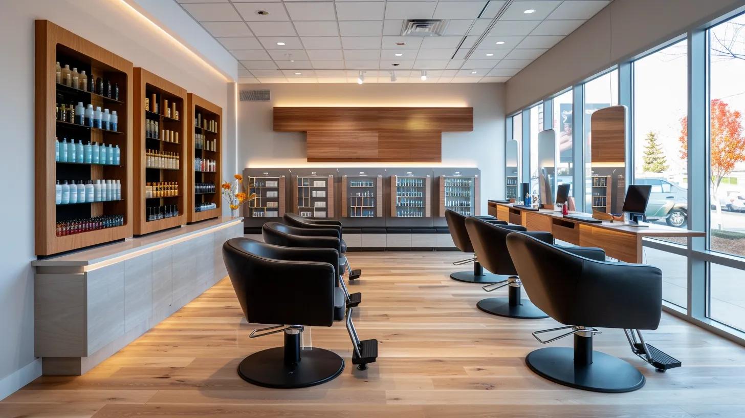 a sleek, modern salon interior showcases a luxurious hand-sewn weft extension setup, with a rich display of premium human hair samples and elegant styling stations, emphasizing the contrast between quality and affordability in hair extensions. a sleek, modern salon interior showcases a luxurious hand-sewn weft extension setup, with a rich display of premium human hair samples and elegant styling stations, emphasizing the contrast between quality and affordability in hair extensions.