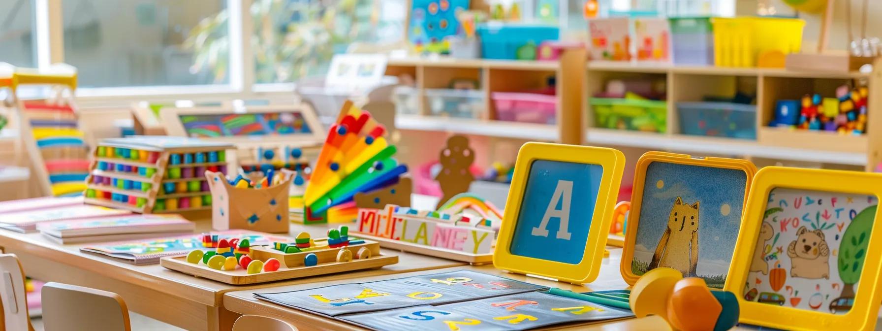 a vibrant, modern classroom setting showcases an engaging display of colorful letter flashcards, tracing worksheets, interactive apps on tablets, sensory play materials, and alphabet puzzle games, all arranged neatly on a table to highlight the diverse learning tools for young children.