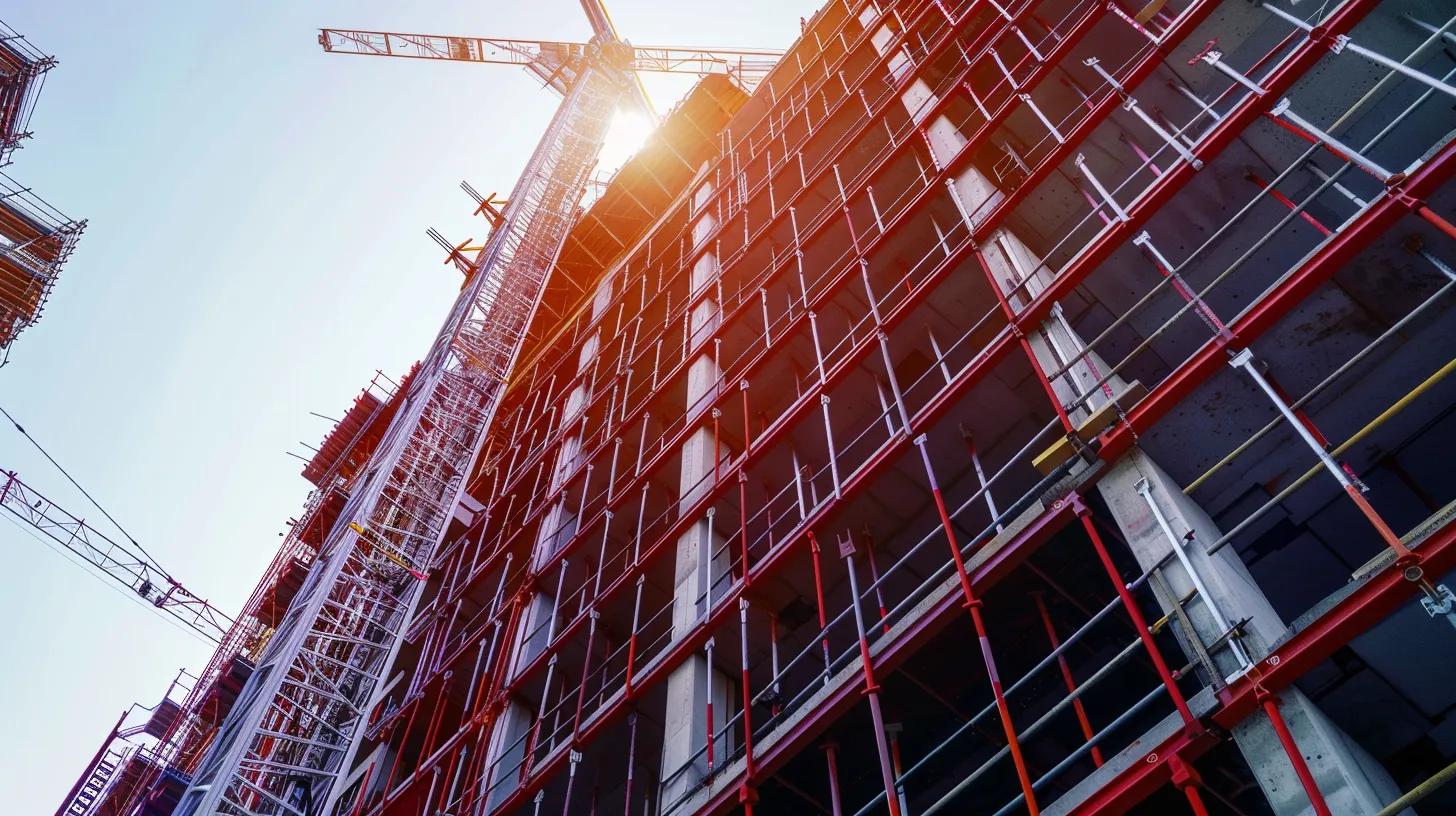 a modern urban construction site showcases a sleek, partially built high-rise building framed against a clear sky, highlighting the intricate scaffolding and cranes signaling the complexities of new build projects.