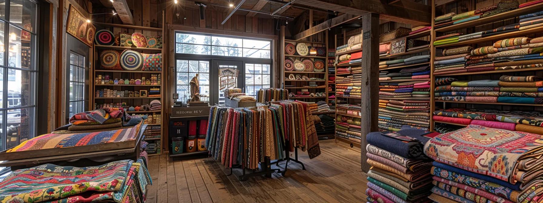 a vibrant quilt shop in nebraska showcases an array of colorful fabrics neatly organized on rustic wooden shelves, with a cozy, inviting atmosphere enhanced by warm overhead lighting and charming decor.