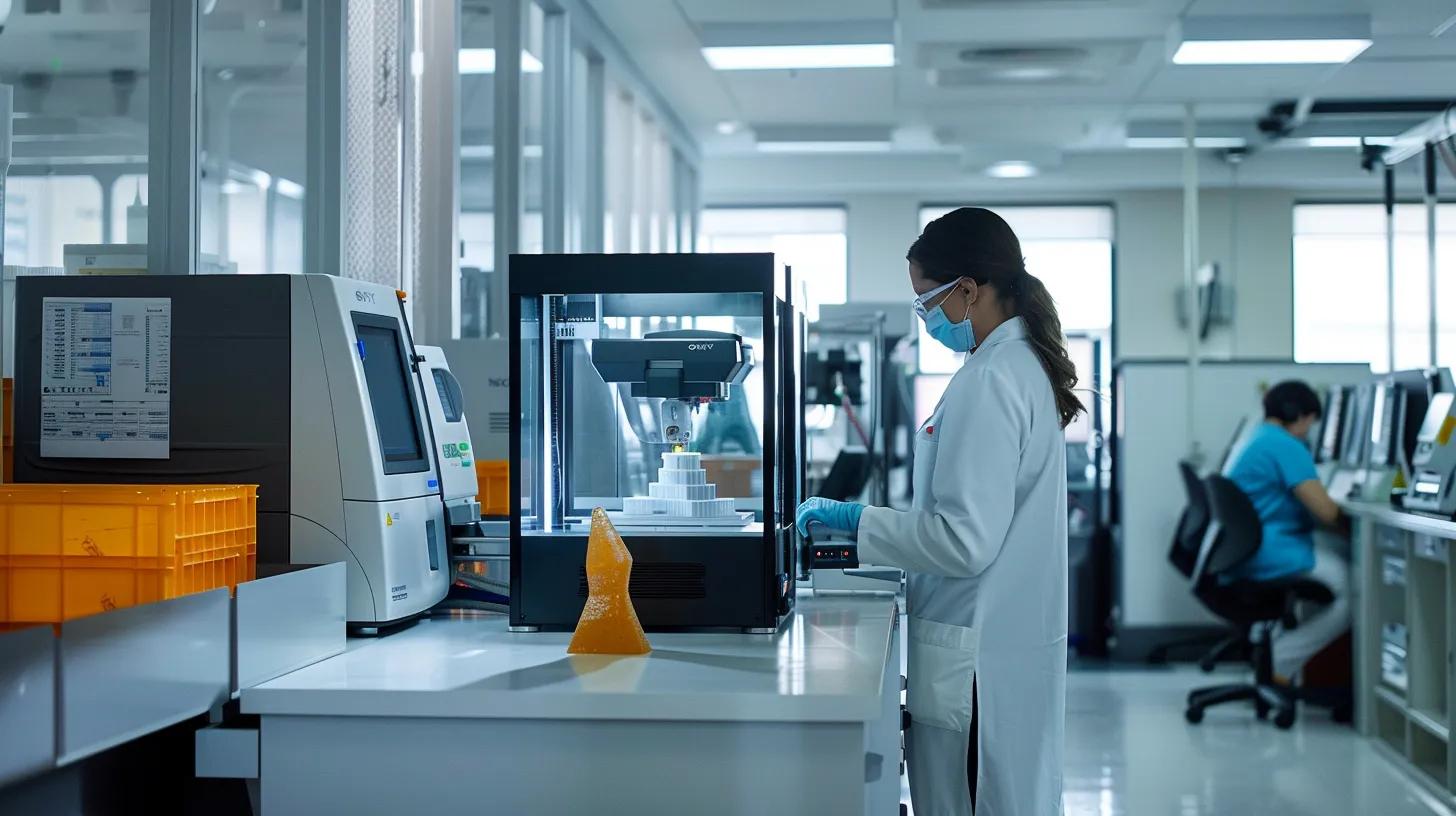 a sleek, modern medical laboratory showcases a skilled technician operating a state-of-the-art 3d printer, with precise medical devices being created under bright, focused lighting, emphasizing innovation in personalized healthcare.