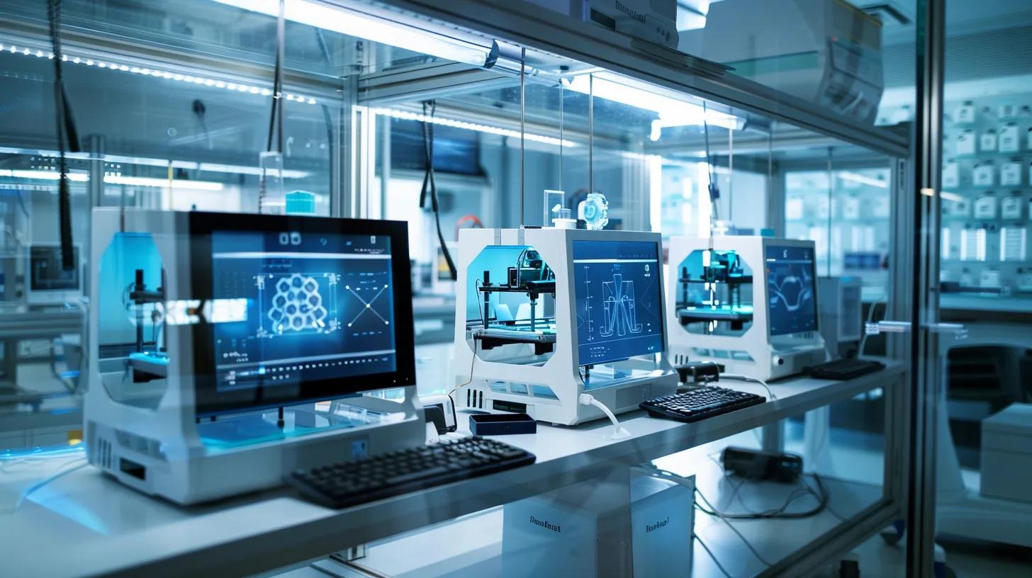a dynamic, modern medical laboratory showcases a trio of advanced 3d printers in action, each producing intricate prototypes, with a backdrop of high-tech monitors displaying design schematics and surgical models.
