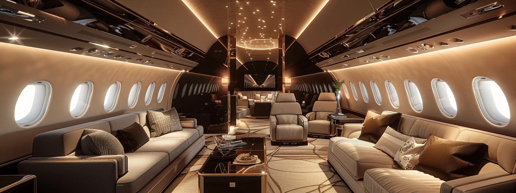 an opulent private jet interior showcases plush seating and sophisticated decor, capturing the essence of luxury charter services tailored for diverse travel needs, with soft, dramatic lighting highlighting the exclusive atmosphere.