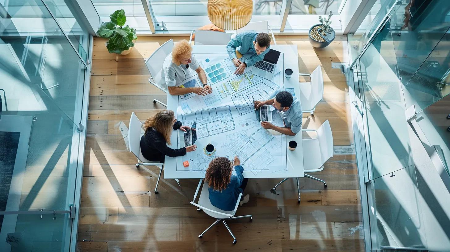 a sleek, modern office space showcases a team of professionals engaged in animated discussions around a large table, with blueprints and digital cost analysis graphs displayed prominently, reflecting the complexities of renovation and new build project costs.
