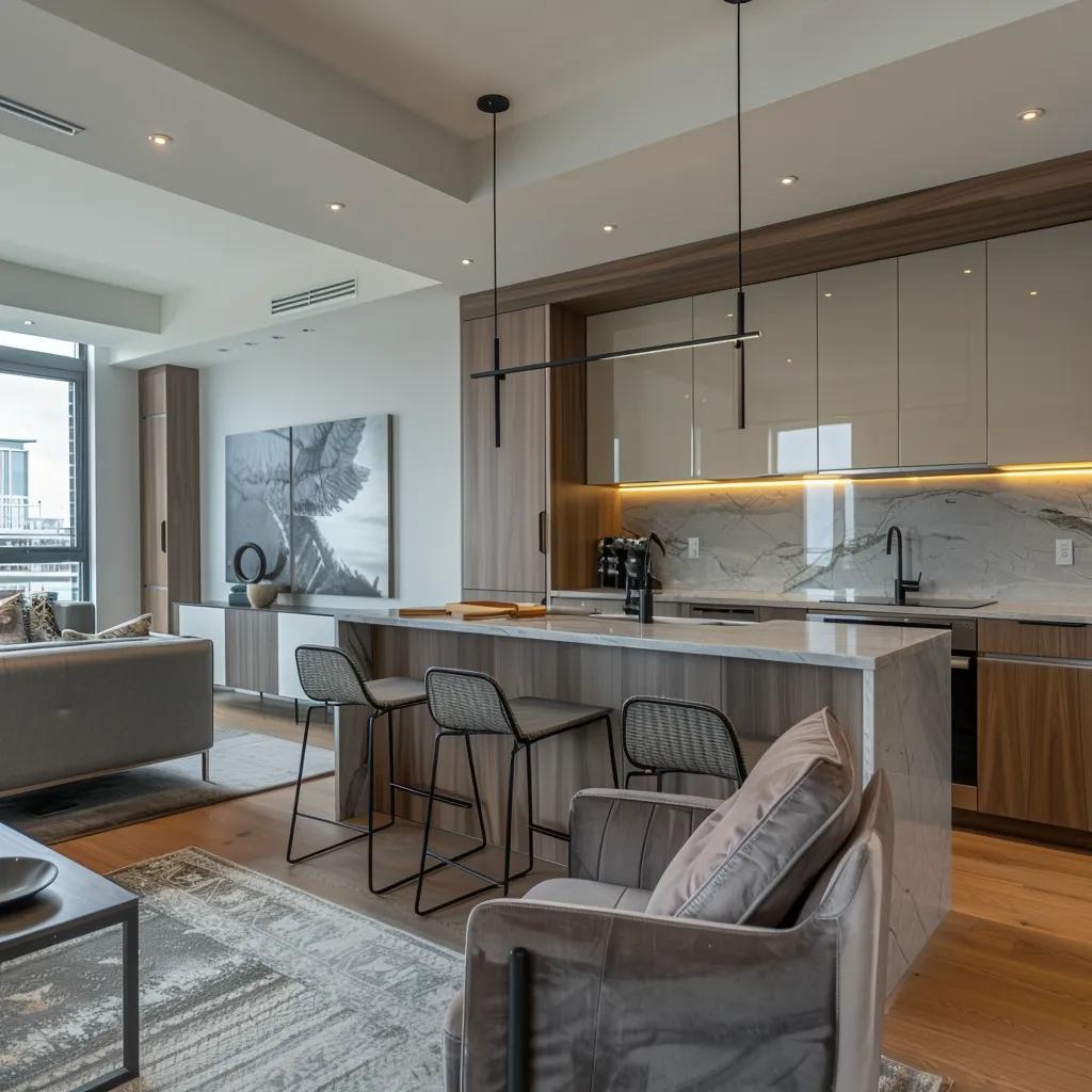 Modern renovated apartment kitchen and living area showcasing open space and stylish design