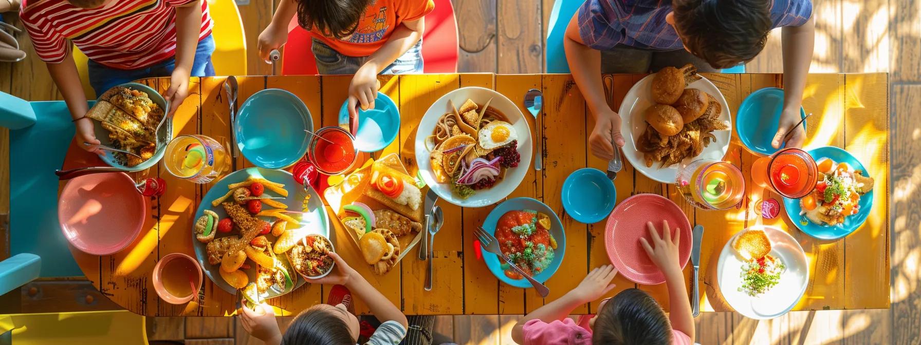 a vibrant, inviting café setting showcasing a colorful spread of playful and appetizing kid-friendly brunch items, with cheerful children enjoying their meals and laughter filling the air. a vibrant, inviting café setting showcasing a colorful spread of playful and appetizing kid-friendly brunch items, with cheerful children enjoying their meals and laughter filling the air.
