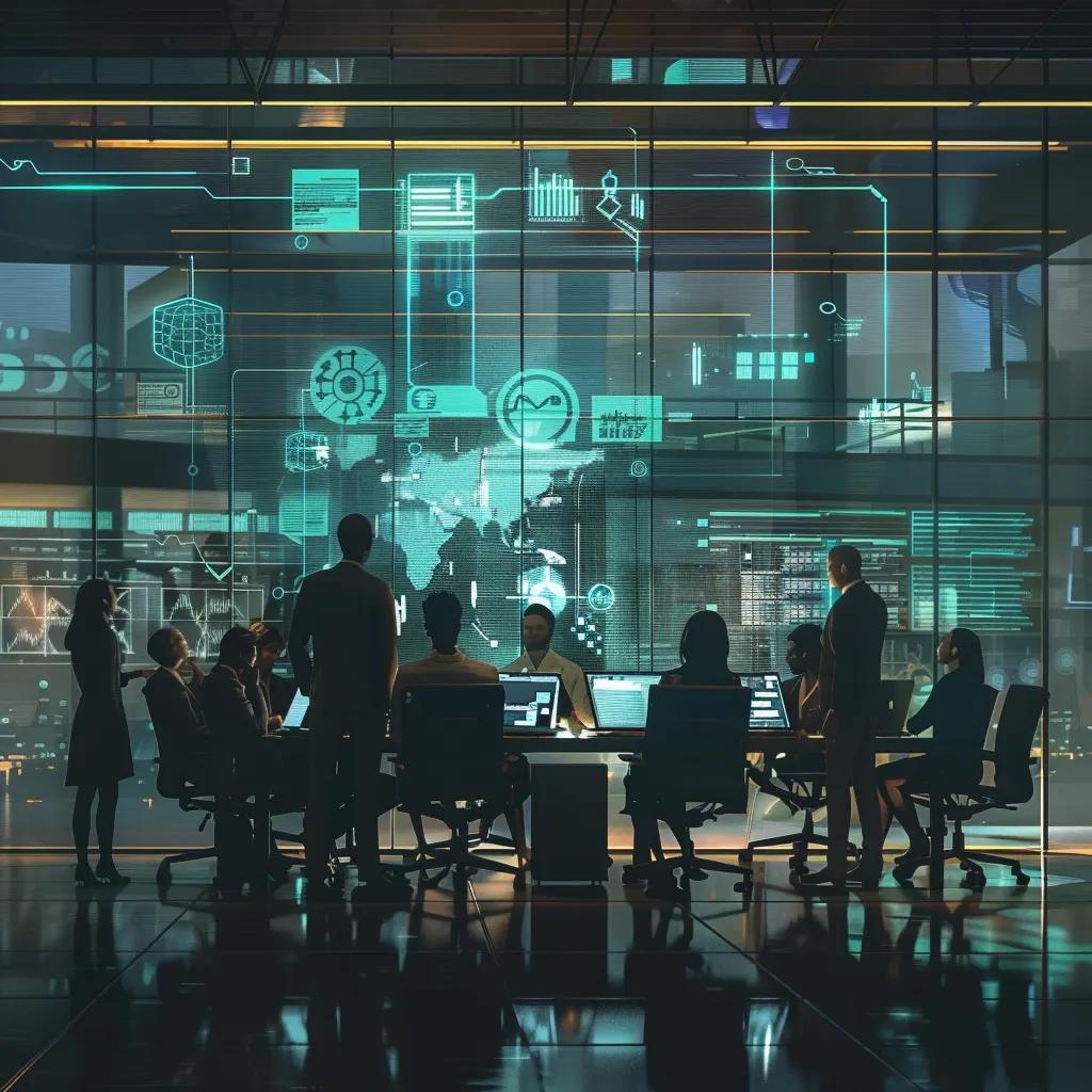 Business professionals collaborating on AI automation solutions in a modern office