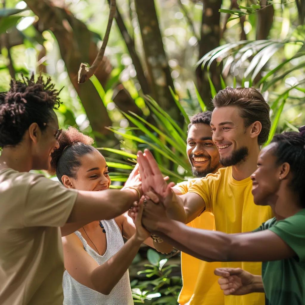 Corporate team participating in eco-friendly adventure activities in a lush forest Corporate team participating in eco-friendly adventure activities in a lush forest