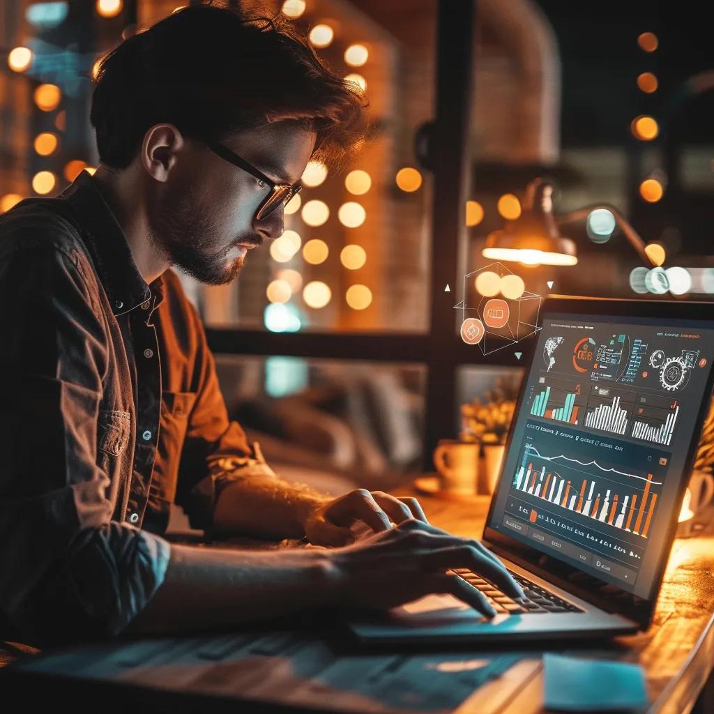 Small business owner using Otto SEO software on a laptop in a cozy office setting