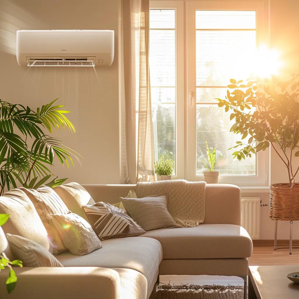 Modern air conditioning unit in a bright living room, symbolizing energy-saving techniques for homeowners