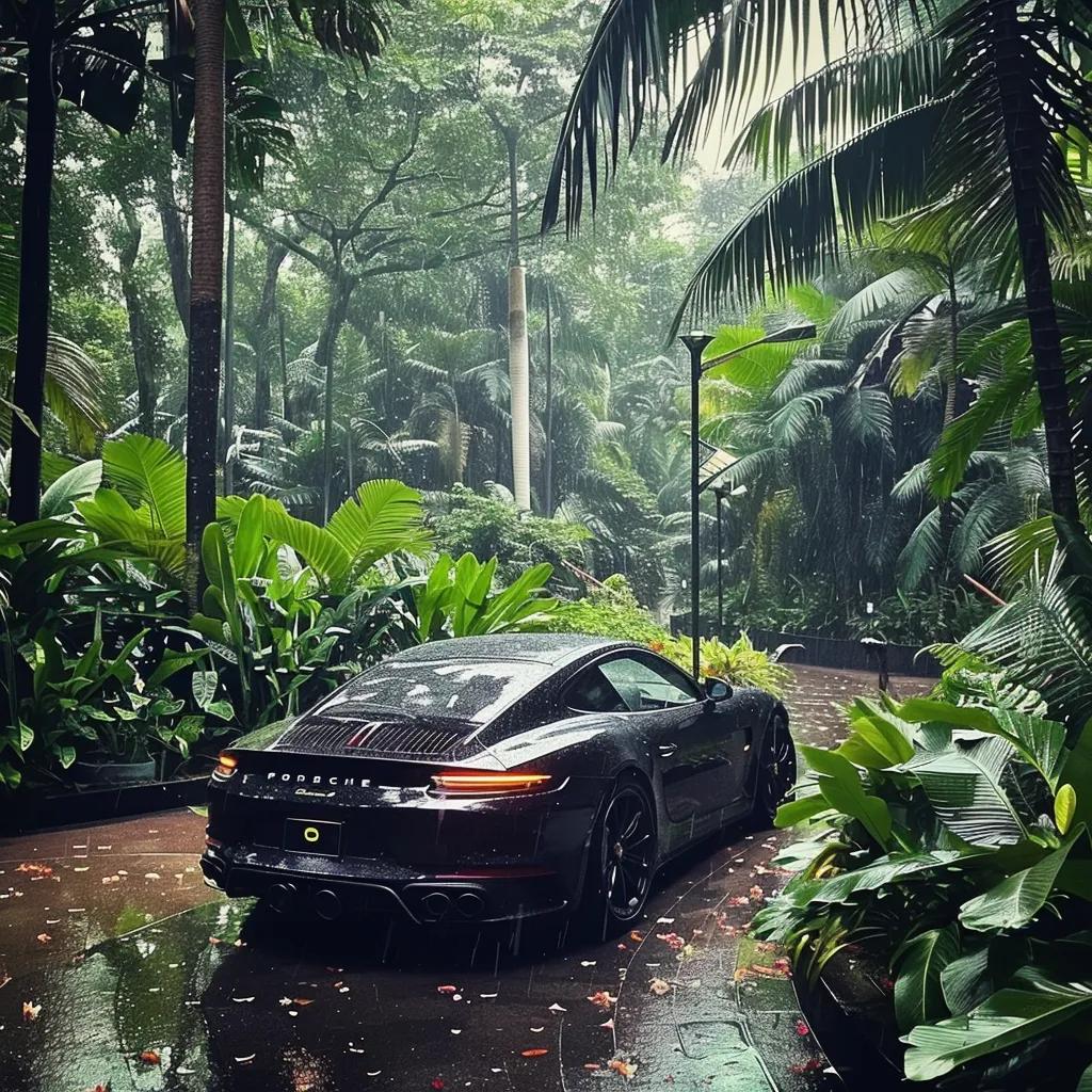 A sleek car in Singapore's humid climate, illustrating the relentless impact of moisture on its pristine paintwork and interior