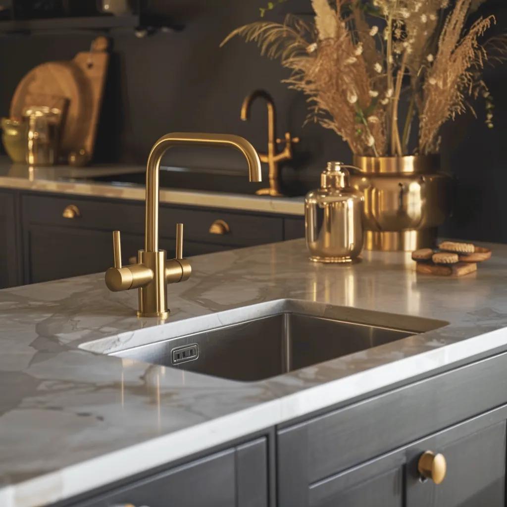 Stylish kitchen with brushed brass sink mixer, emphasizing modern design and functionality