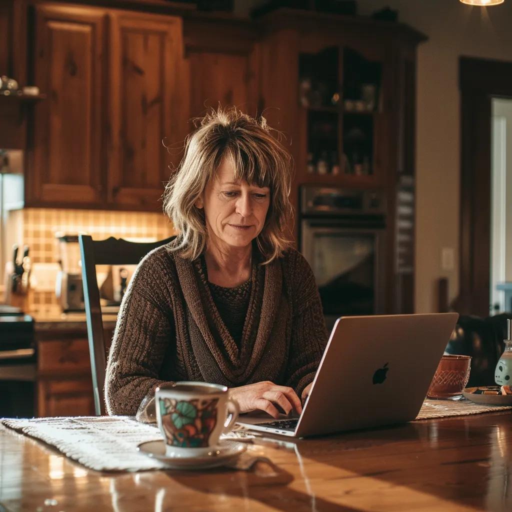 Homeowner exploring foreclosure alternatives at a kitchen table with a laptop and coffee Homeowner exploring foreclosure alternatives at a kitchen table with a laptop and coffee