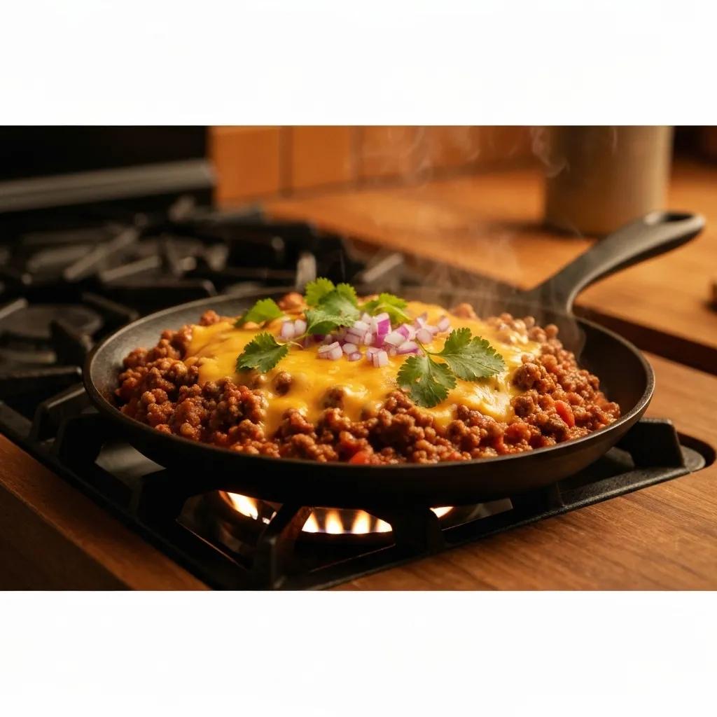 Sizzling spicy southwest ground beef skillet with cheese and herbs