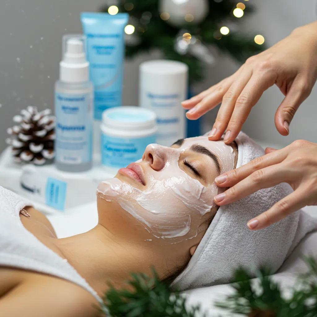 A skincare expert gently applying a deeply hydrating facial mask to a client during a winter treatment session.