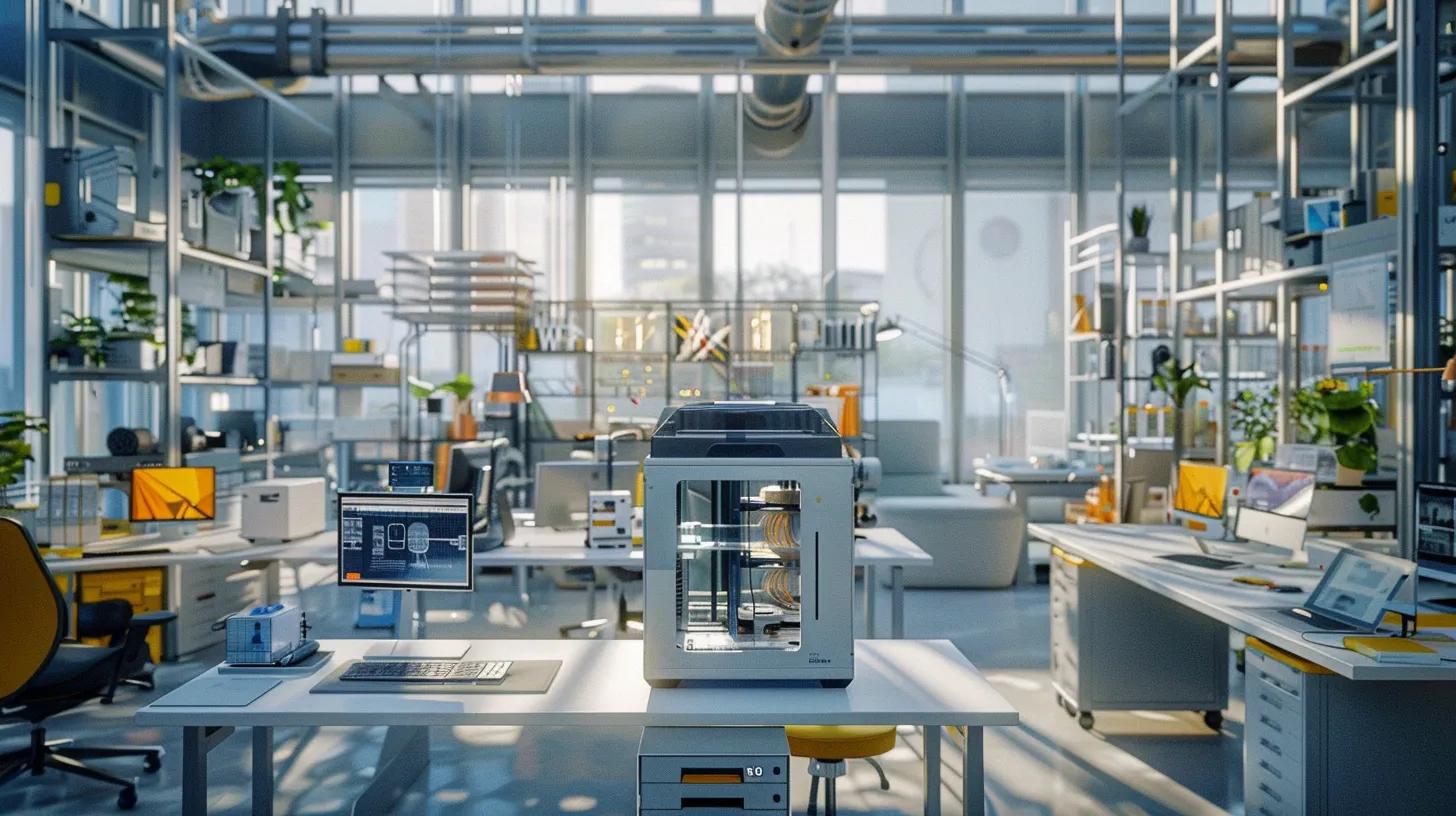 a dynamic urban workspace showcases a sleek 3d printer in action, surrounded by futuristic prototypes and digital design tools, illustrating the innovative transformation of industries through on-demand manufacturing.