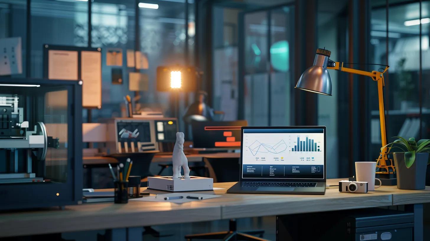 an industrial office space features a sleek, modern desk cluttered with 3d printing prototypes, financial reports, and a laptop displaying comparative pricing graphs, all under bright, focused led lighting to emphasize analytical evaluation and supplier reliability.