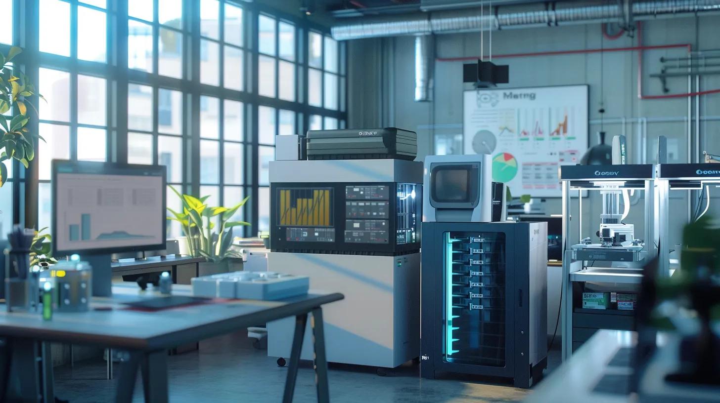 a modern industrial workspace features sleek 3d printers in operation, surrounded by charts and quality control documents, symbolizing the balance of cost-efficiency and high standards in bulk manufacturing.