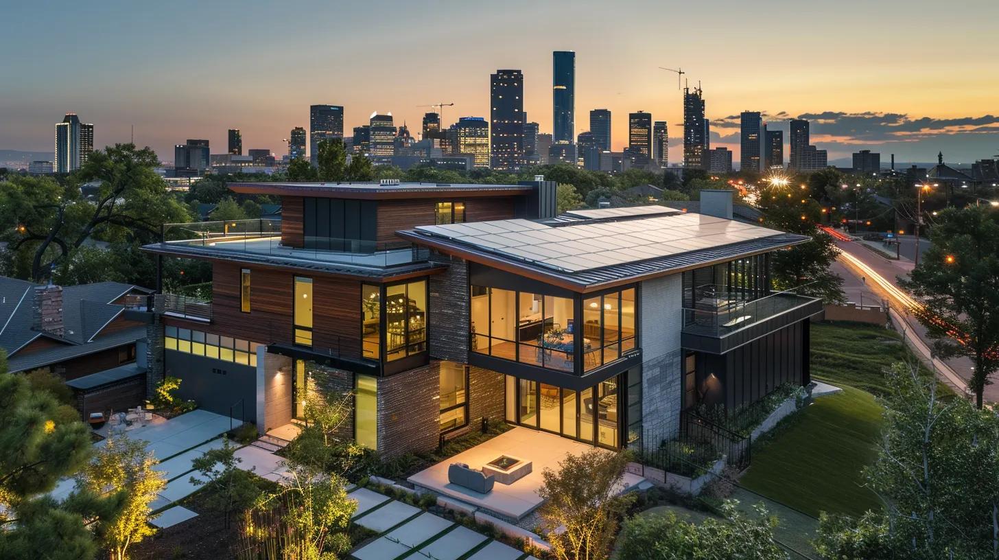 a modern, energy-efficient home with sleek architecture and solar panels prominently featured, set against a city skyline, emphasizing the importance of sustainability in new construction. a modern, energy-efficient home with sleek architecture and solar panels prominently featured, set against a city skyline, emphasizing the importance of sustainability in new construction.