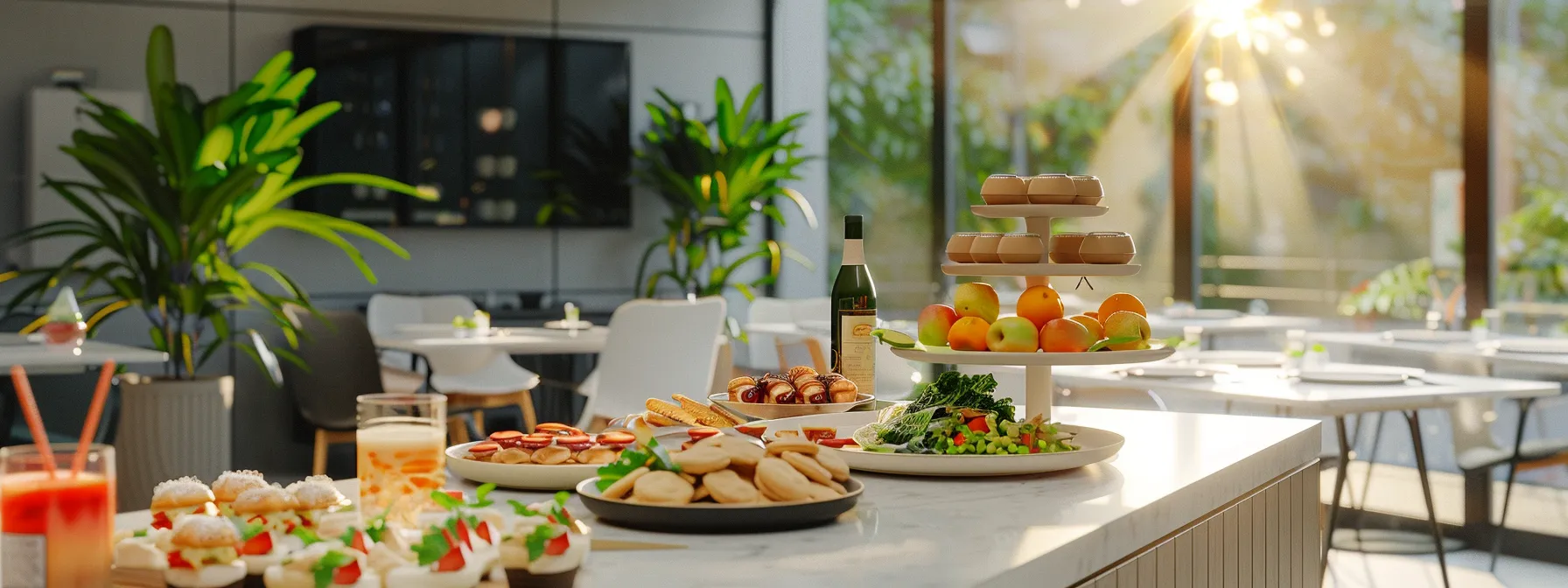 a sleek and modern office café setup with a variety of gourmet snacks and beverages for employees to enjoy, enhancing workplace satisfaction and productivity.