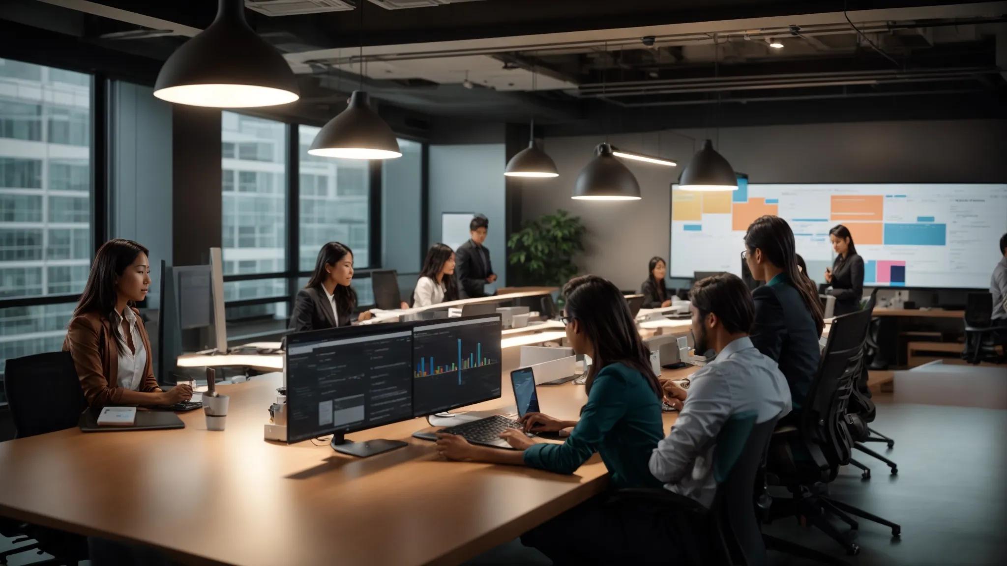 a sleek, modern office bathed in warm, ambient light, featuring diverse professionals engaging in vibrant discussions around a large conference table filled with digital devices and strategy diagrams, symbolizing the dynamic role of a marketing agency in shaping digital strategies.