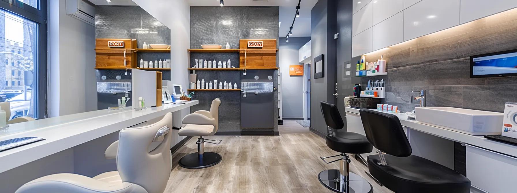 a sleek, modern waxing studio in queens, featuring minimalist décor, well-organized grooming stations, and an inviting atmosphere that emphasizes affordable male grooming services.
