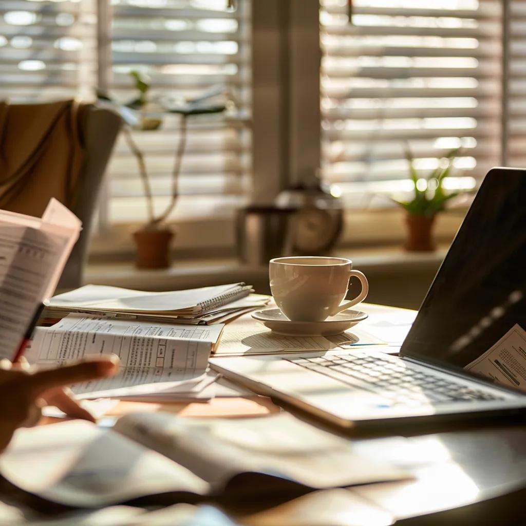 Small business owner at a desk with tax documents and a laptop, representing tax strategies and deductions