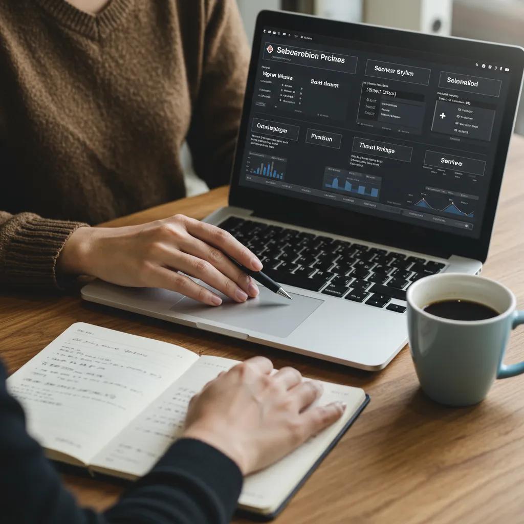 Small business owner reviewing subscription pricing plans on a laptop in a cozy workspace