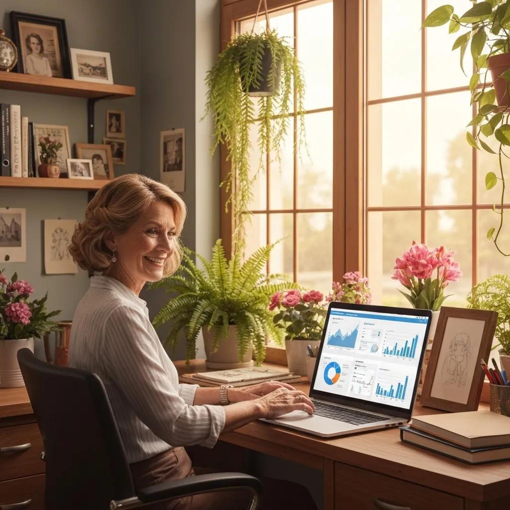 Small business owner utilizing AI tools on a laptop in a cozy workspace Small business owner utilizing AI tools on a laptop in a cozy workspace