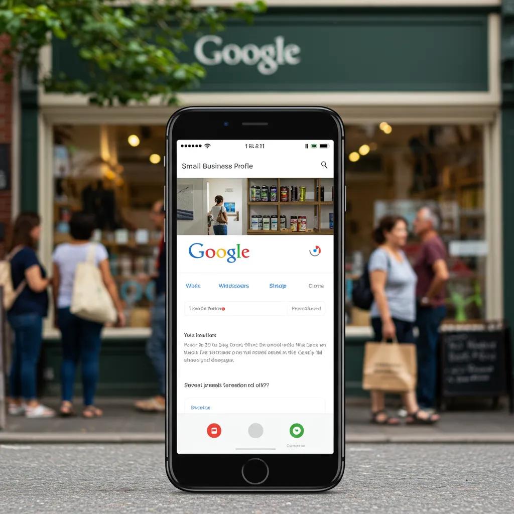 Smartphone displaying Google Business Profile for a small business storefront, with pedestrians in the background, illustrating local SEO strategies for enhancing visibility.