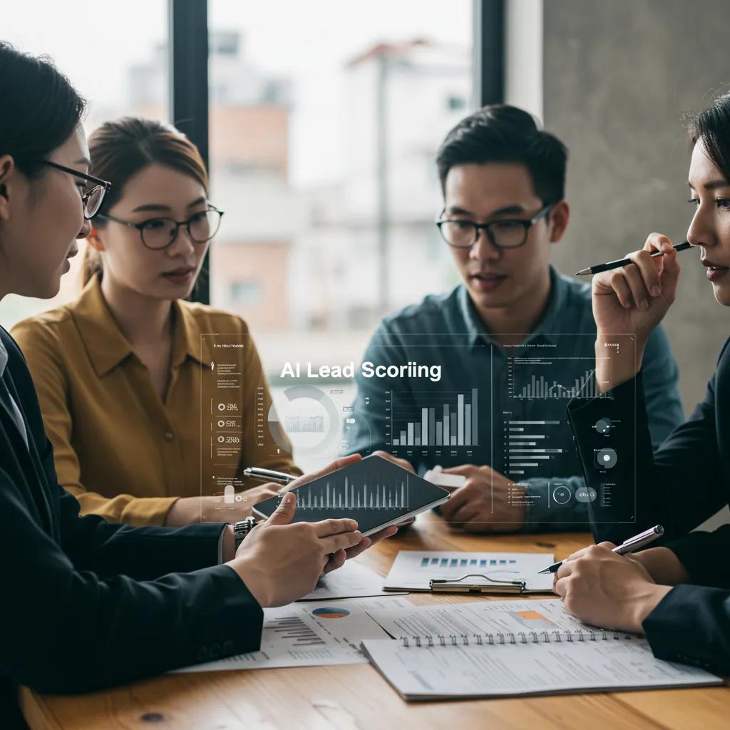 Small business team discussing AI lead scoring benefits in a meeting Small business team discussing AI lead scoring benefits in a meeting