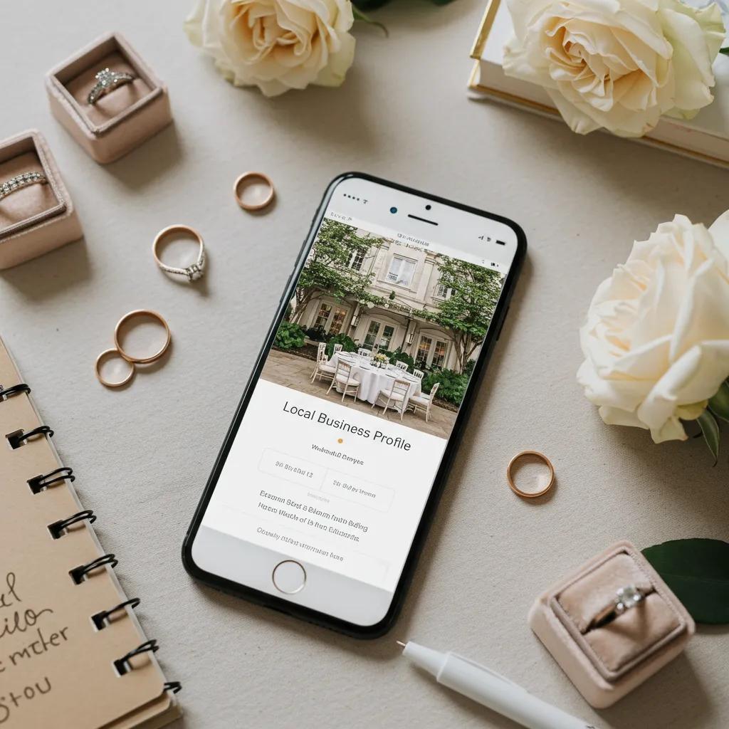 Smartphone displaying wedding venue Google Business Profile with wedding planning elements Smartphone displaying wedding venue Google Business Profile with wedding planning elements